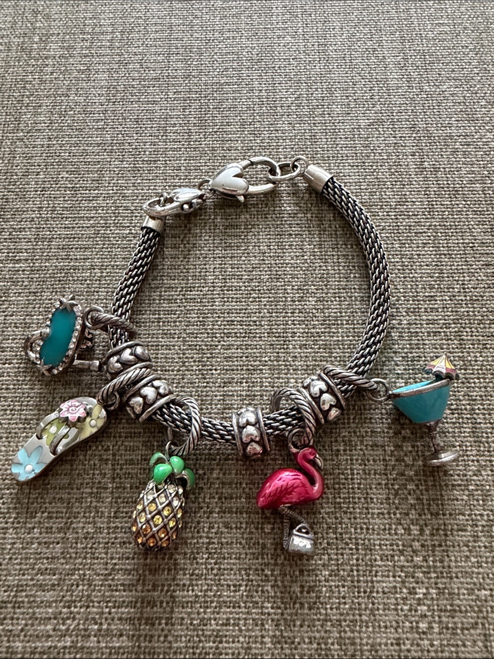 Silver-Tone Tropical Charm Bracelet with Pink Flamingo & Turquoise Accents